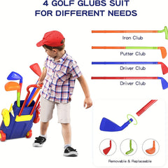 Kids Golf Set with Cart, Balls, Cornhole Board, Putting Mat