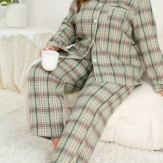  Plaid Pajama Set Women's Button Up Shirt & Pants