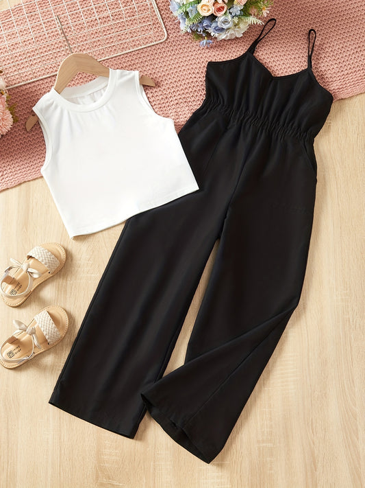 Girl's 2pcs Tank Top & Cami Overalls Set for Summer