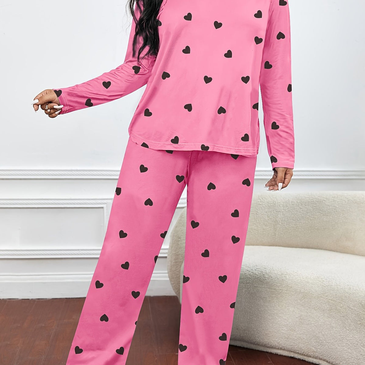  Heart Print Long Sleeve Tee & Pants Lounge 2 Piece Set