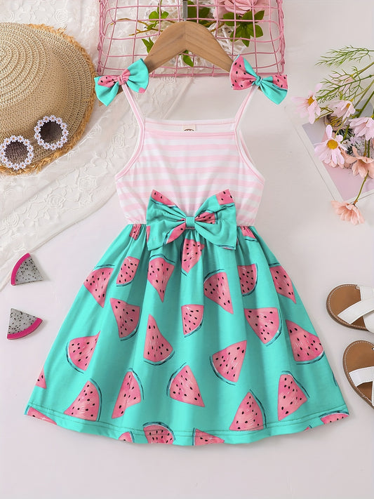 Toddler Girls Watermelon Stripes Graphic Bow Shoulder Cami Princess Dress