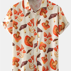 Men's Casual Mushroom Block Leaf Flower Pattern Print Short Sleeve Shirt