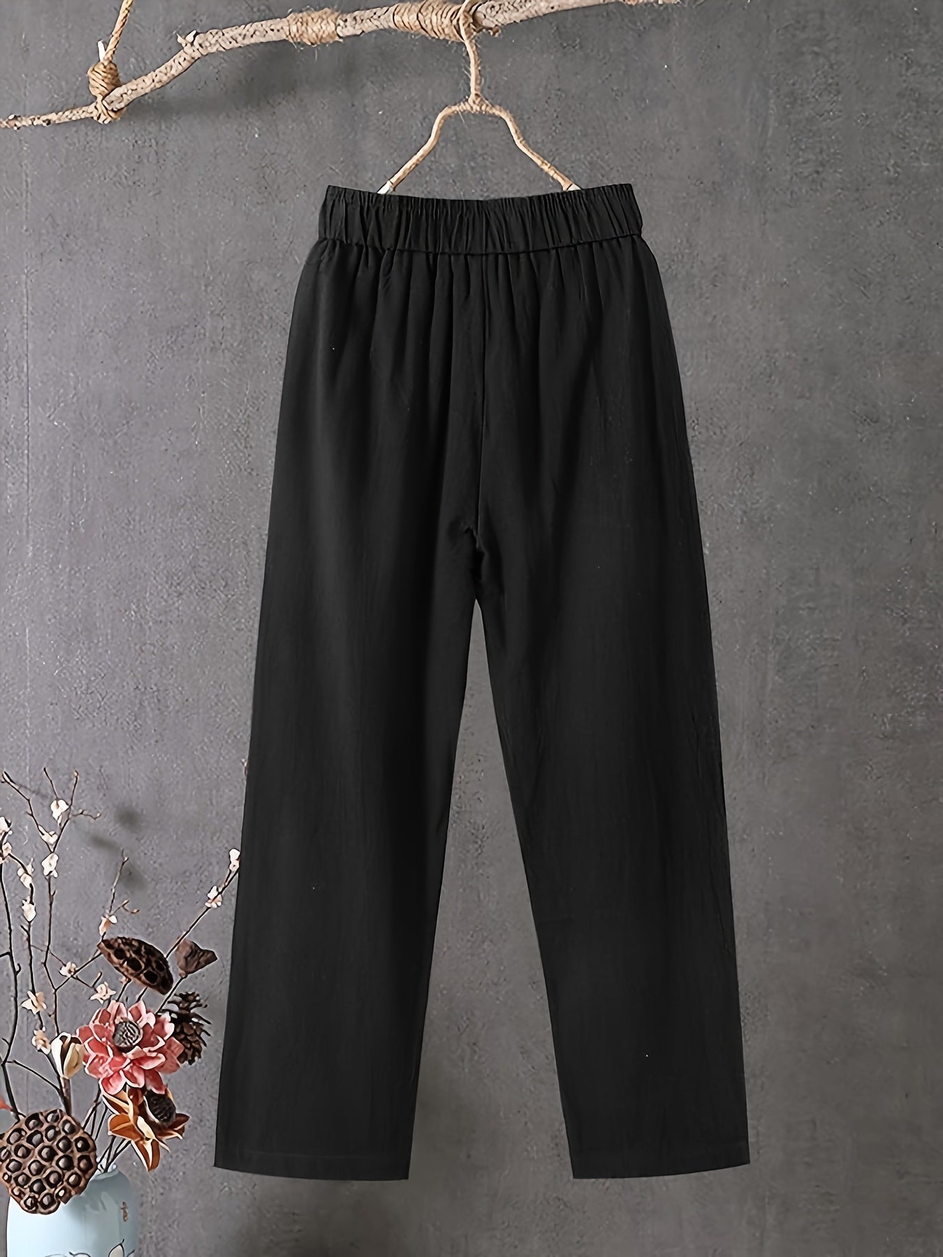 Women's Plus Elastic High Rise Loose Fit Trousers With Pockets