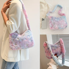 Star Pattern Shoulder Bag Plush Multicolor Square Bag Zipper Closure