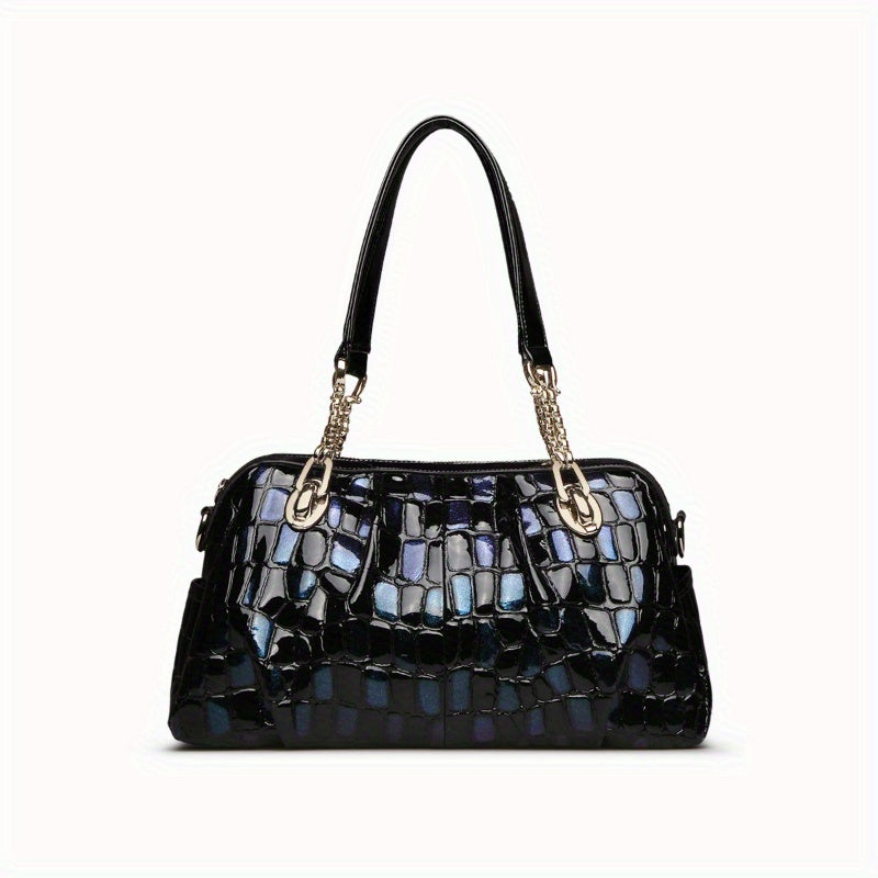 Vintage Crocodile Pattern Shoulder Bag with Detachable Strap