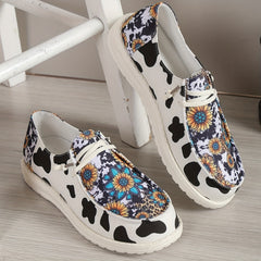 Women's Cow & Sunflower Print Canvas Lace Up Flat Outdoor Shoes