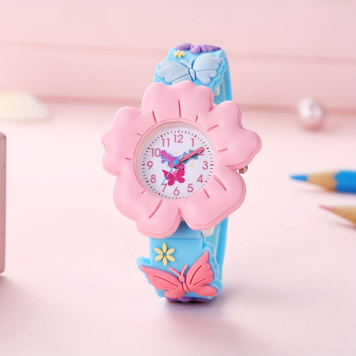 Girls' 3D Flower & Butterfly Cartoon Watch Soft Silicone Band Quartz Movement