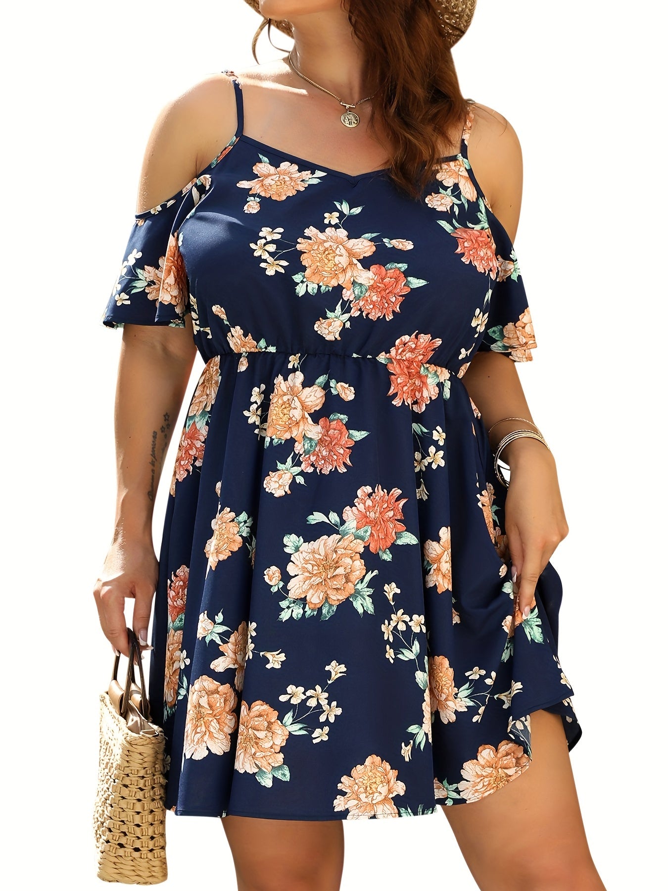  Women's Ditsy Floral Print Cold Shoulder Dress