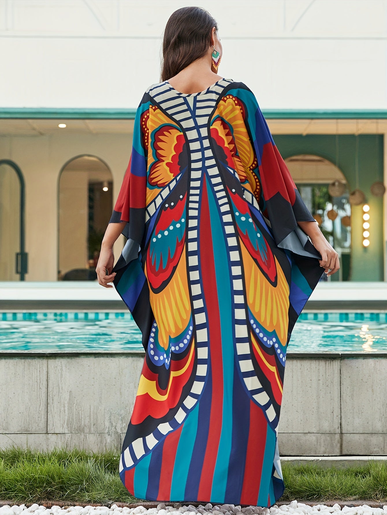  Allover Print Batwing Sleeve Maxi Jalabiya Dress
