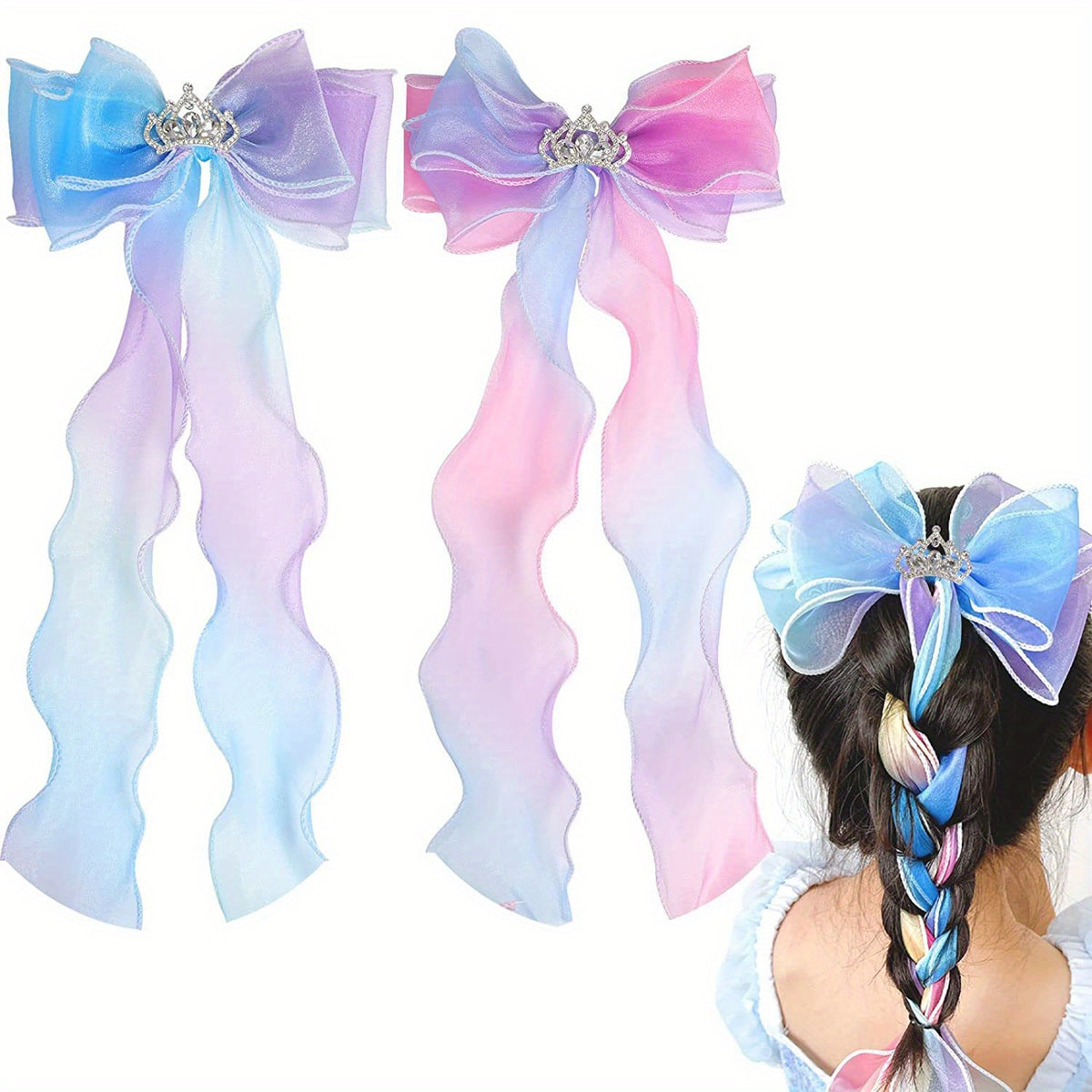 2pcs Girls Mesh Bow Hair Clips Gradient Hair Accessories Sets