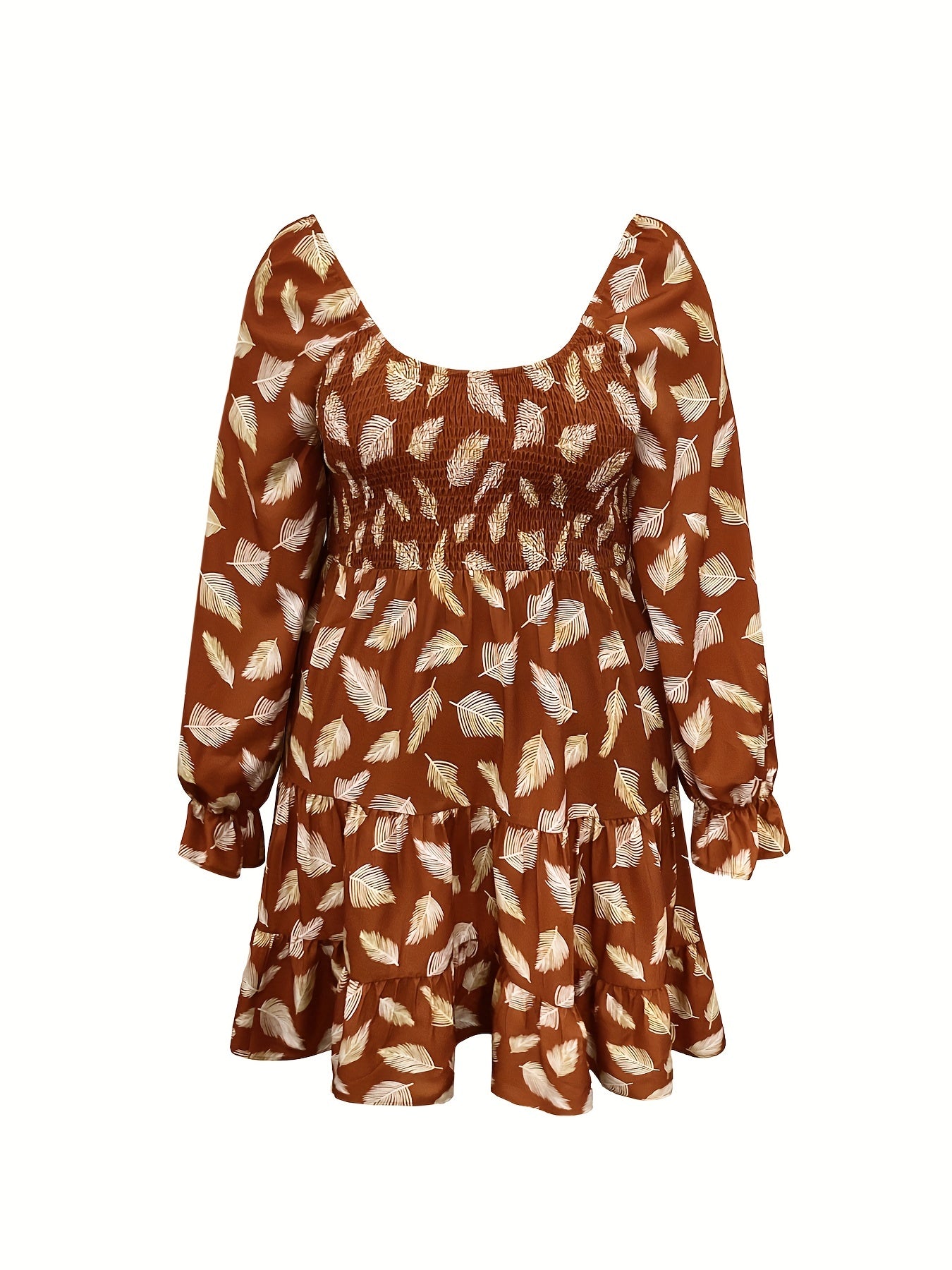 Women's Plus Leaf Print Lantern Sleeve Smock Dress