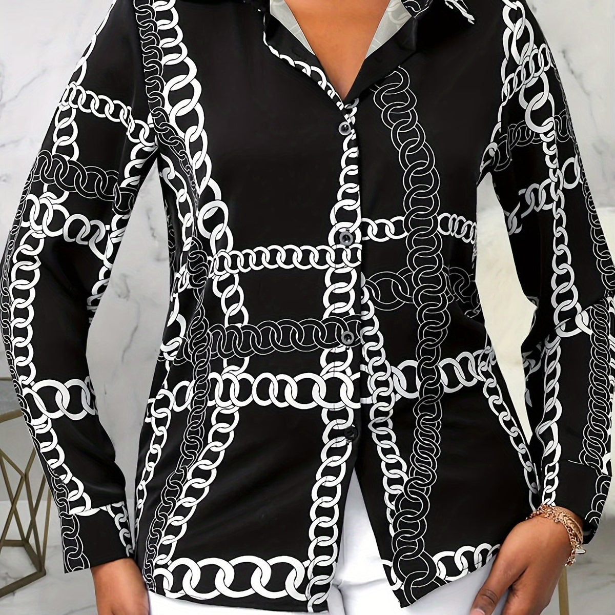  Chain Print Button Up Long Sleeve Blouse