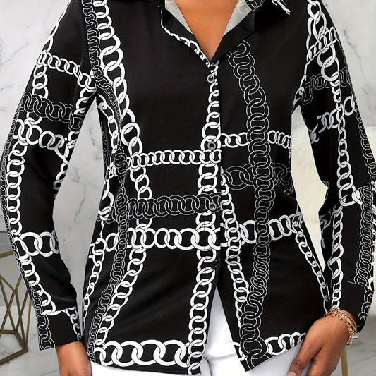  Chain Print Button Up Long Sleeve Blouse