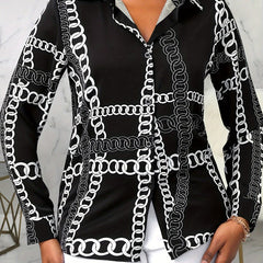  Chain Print Button Up Long Sleeve Blouse