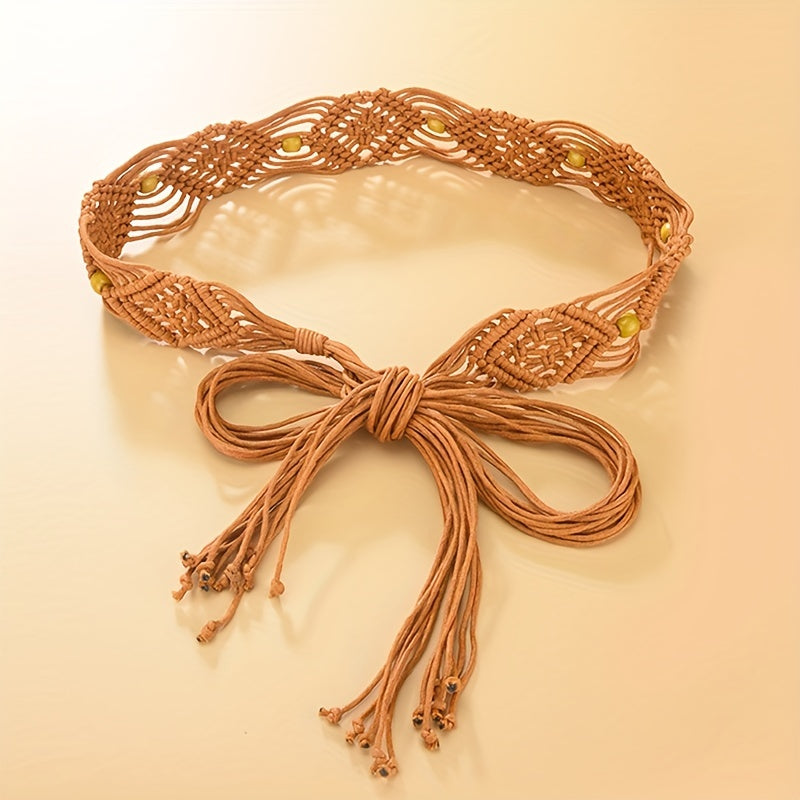 Boho Bowknot Sash Belt Vintage Hollow Braided Wax Rope Waistband