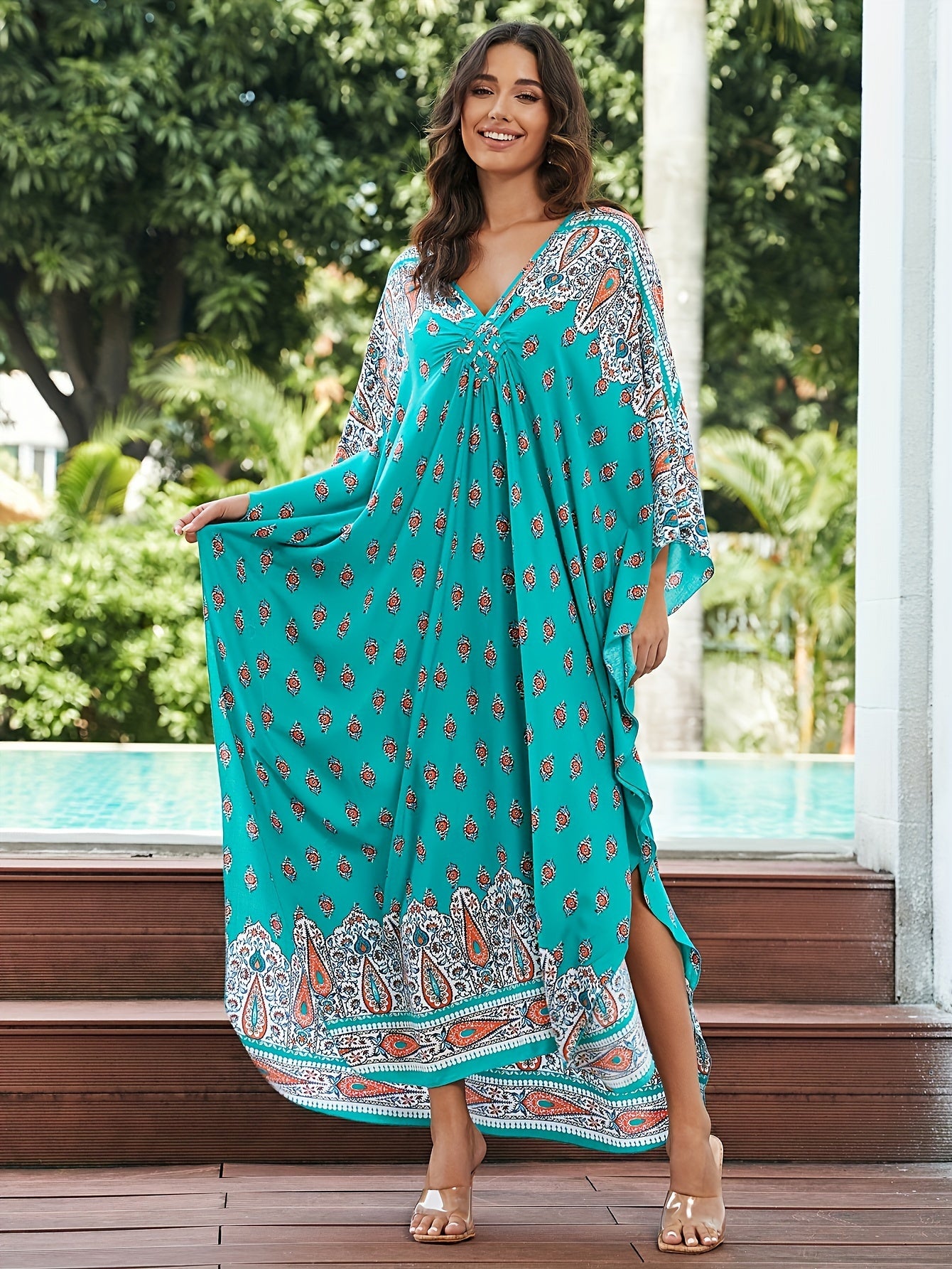 Boho Paisley Floral Batwing Sleeve Plus Size Dress