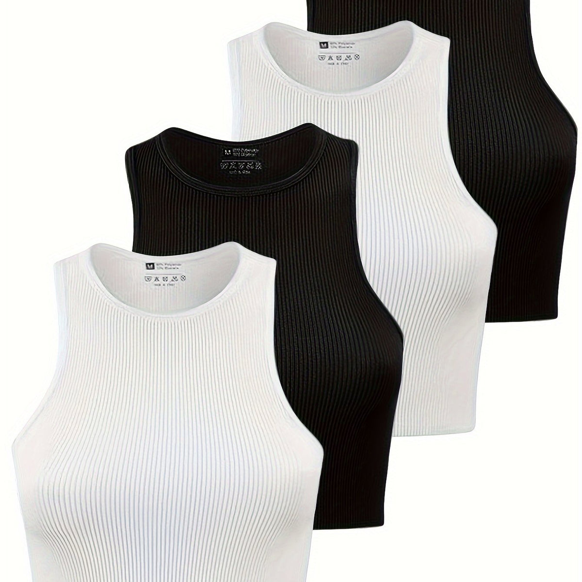 4Pcs Rib Knit Crop Tops Round Neck Racer Back Workout Tank Top Women's Activewea