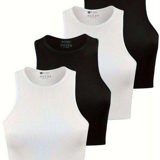 4Pcs Rib Knit Crop Tops Round Neck Racer Back Workout Tank Top Women's Activewea