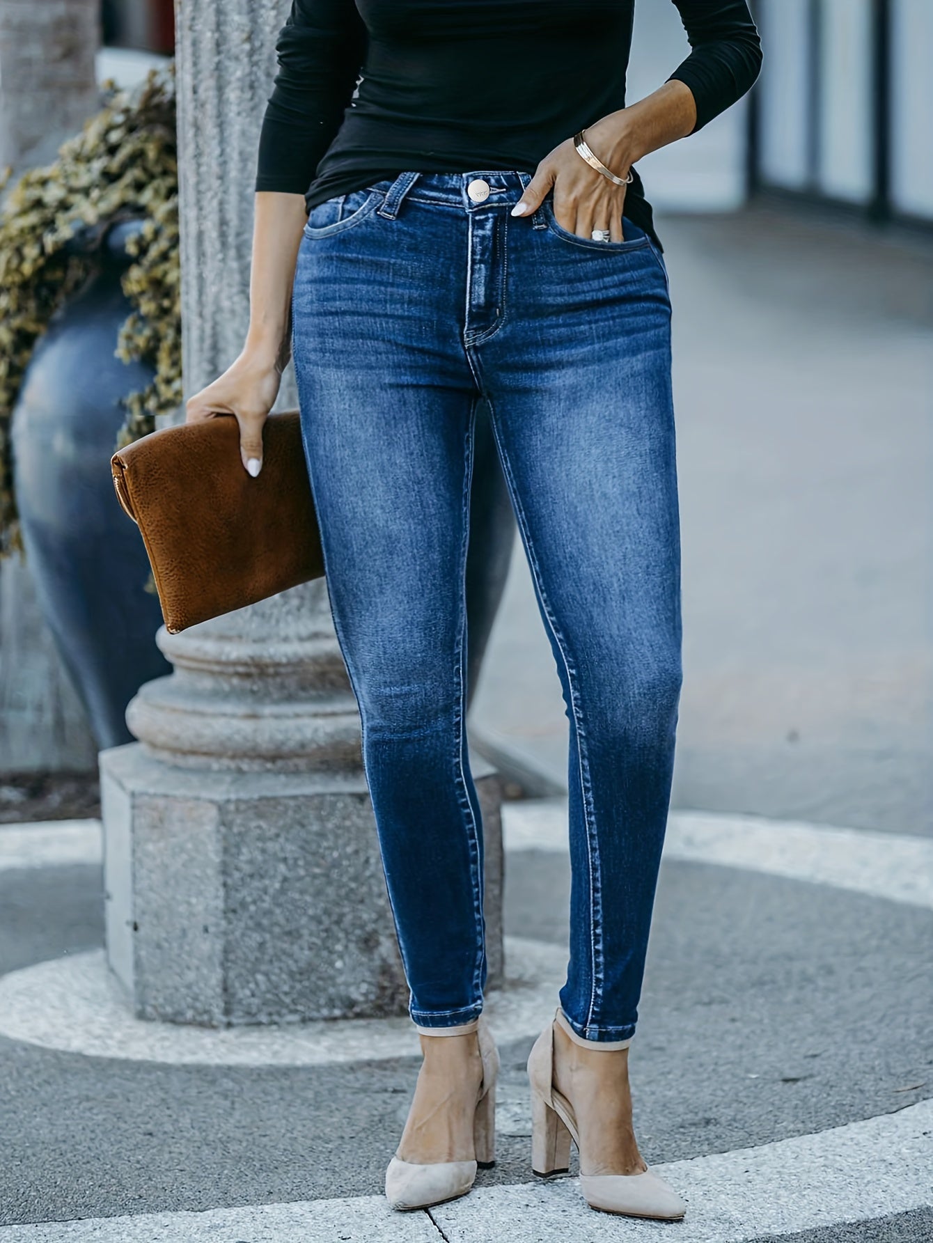 Solid Button Up Stretch Skinny Jeans