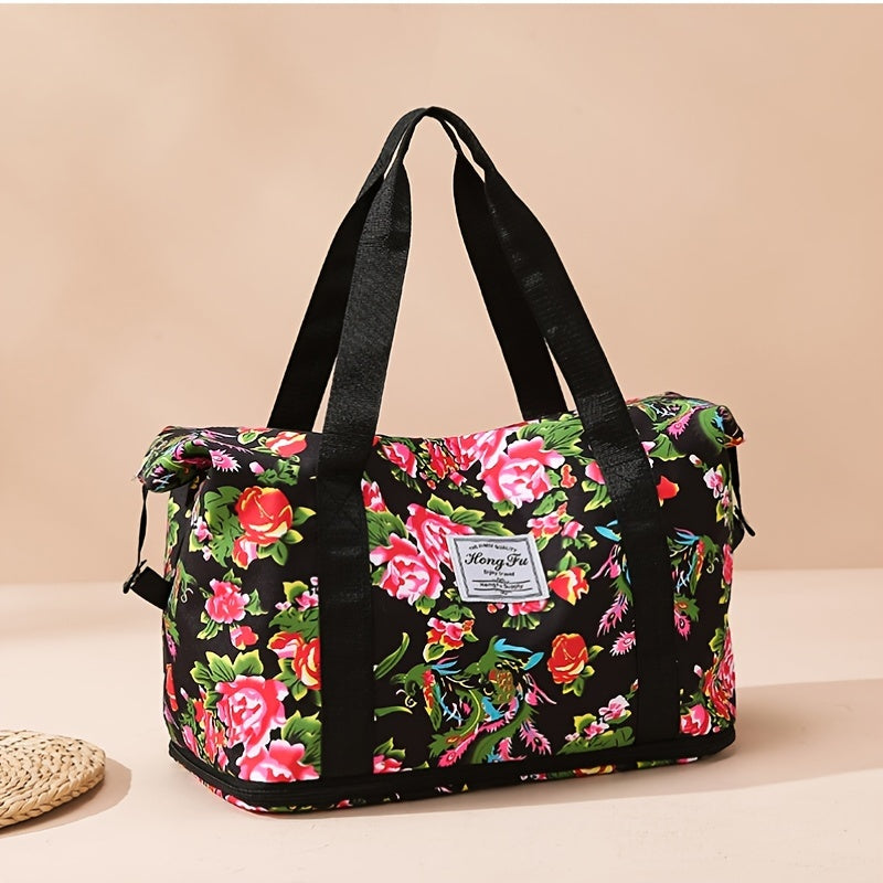 Floral Print Oxford Cloth Travel Bag Large Capacity & Waterproof