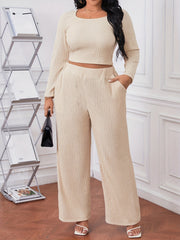 Plus Size Ribbed Long Sleeve Crop Top & Pants Outfit Set