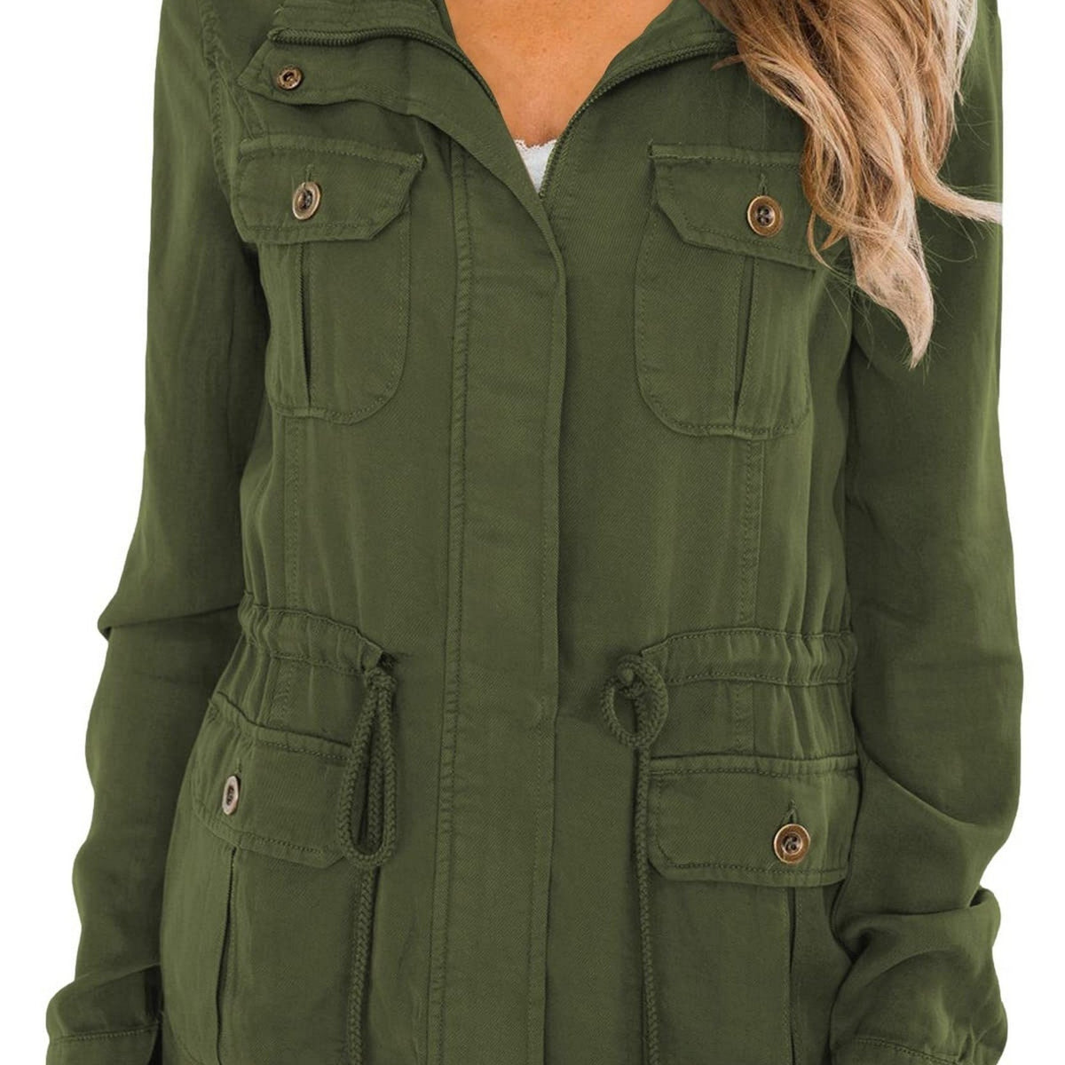 Casual Pockets Jacket Lapel Long Sleeve Loose Waist Drawstring Outerwear