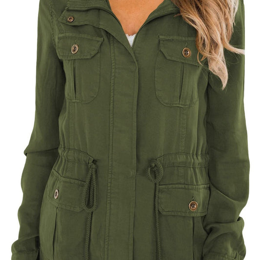 Casual Pockets Jacket Lapel Long Sleeve Loose Waist Drawstring Outerwear
