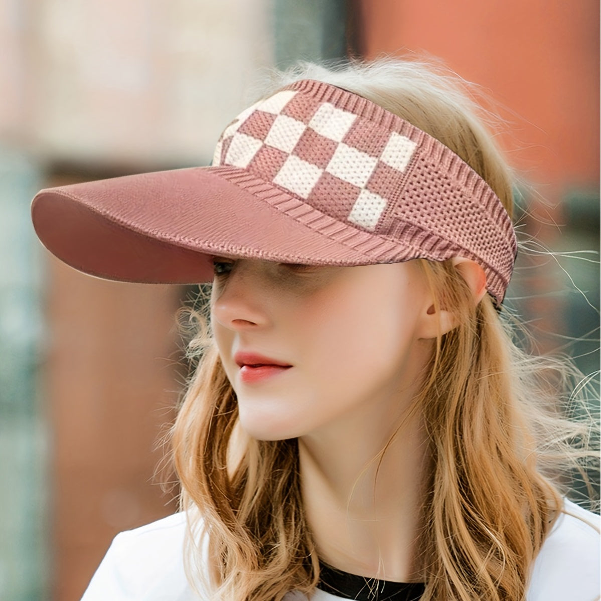 Plaid Pattern Knitted Visor Hat Elastic UV Protection Ponytail Sun Hats