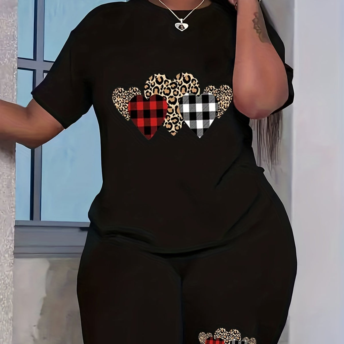 Leopard & Gingham Heart Print Top & Shorts Set