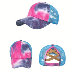 Tie Dye Criss Cross Ponytail Baseball Hat for Adults Trucker Graffiti Hat