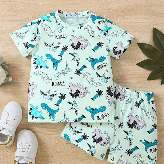 Dinosaur Full Body Print T shirt & Shorts Set Outfit For Boys Kids