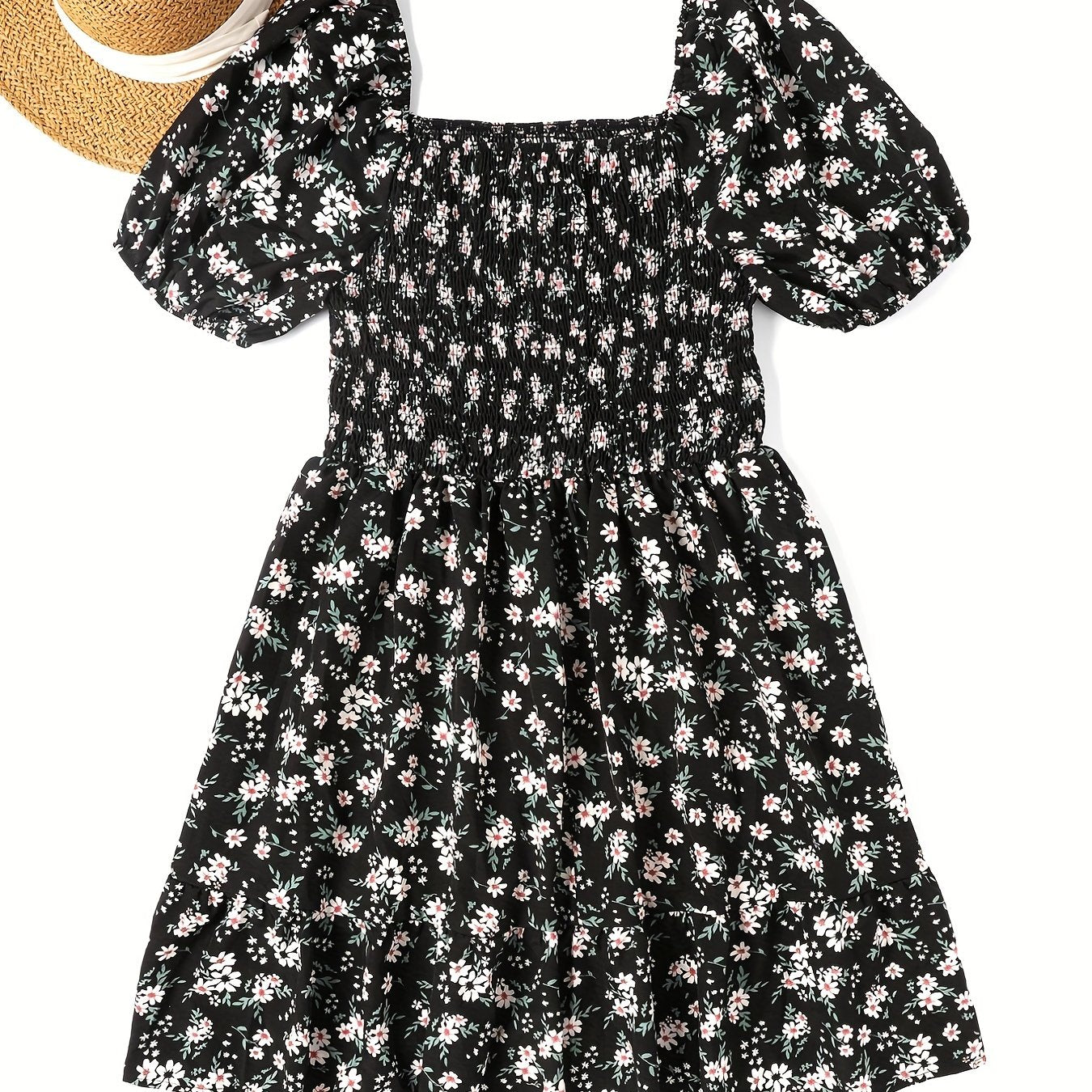  Ditsy Print Puff Sleeve Square Neck Stretch Dress