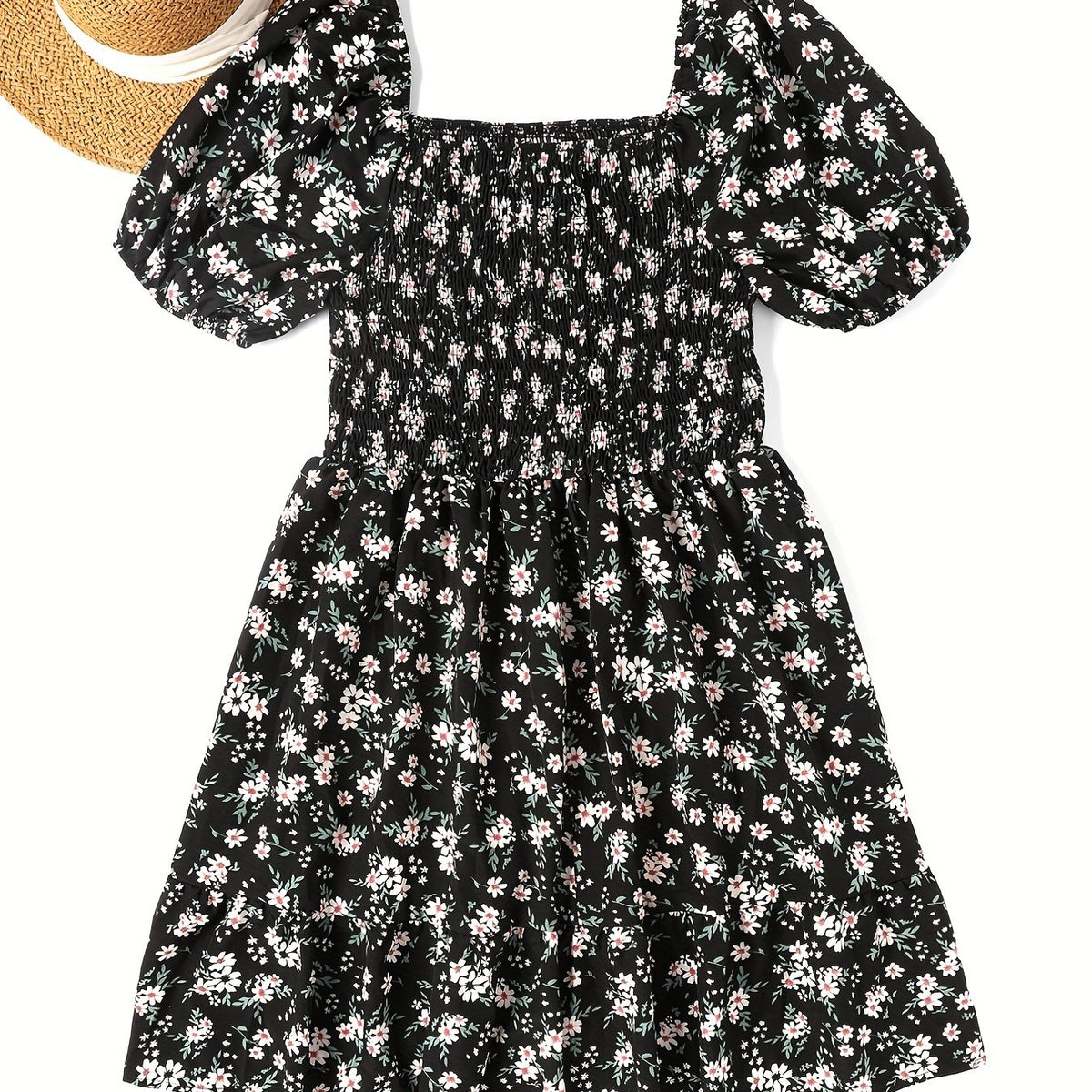  Ditsy Print Puff Sleeve Square Neck Stretch Dress