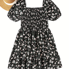  Ditsy Print Puff Sleeve Square Neck Stretch Dress