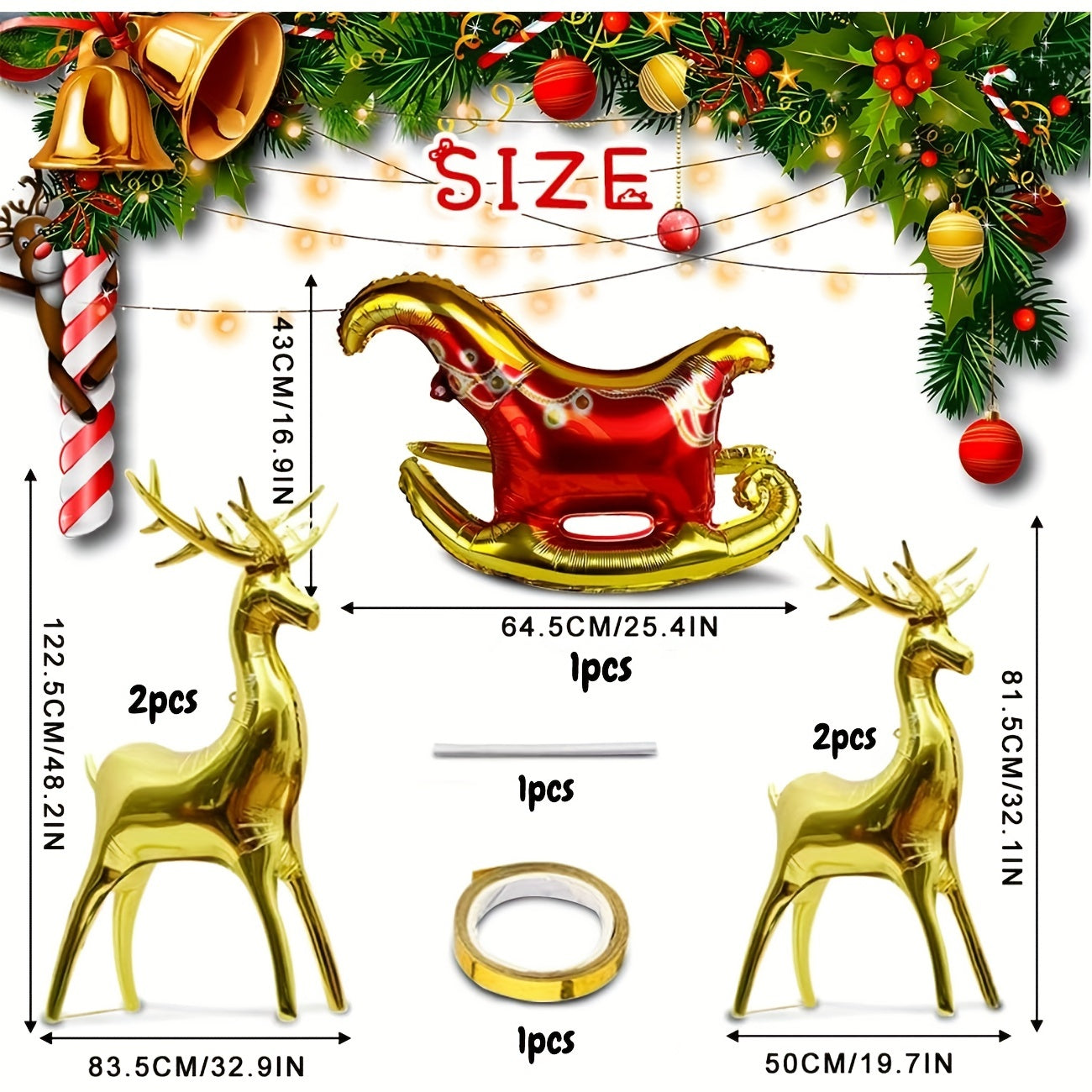 5pcs Christmas Foil Balloons Set Reindeer & Sleigh Mylar Balloons