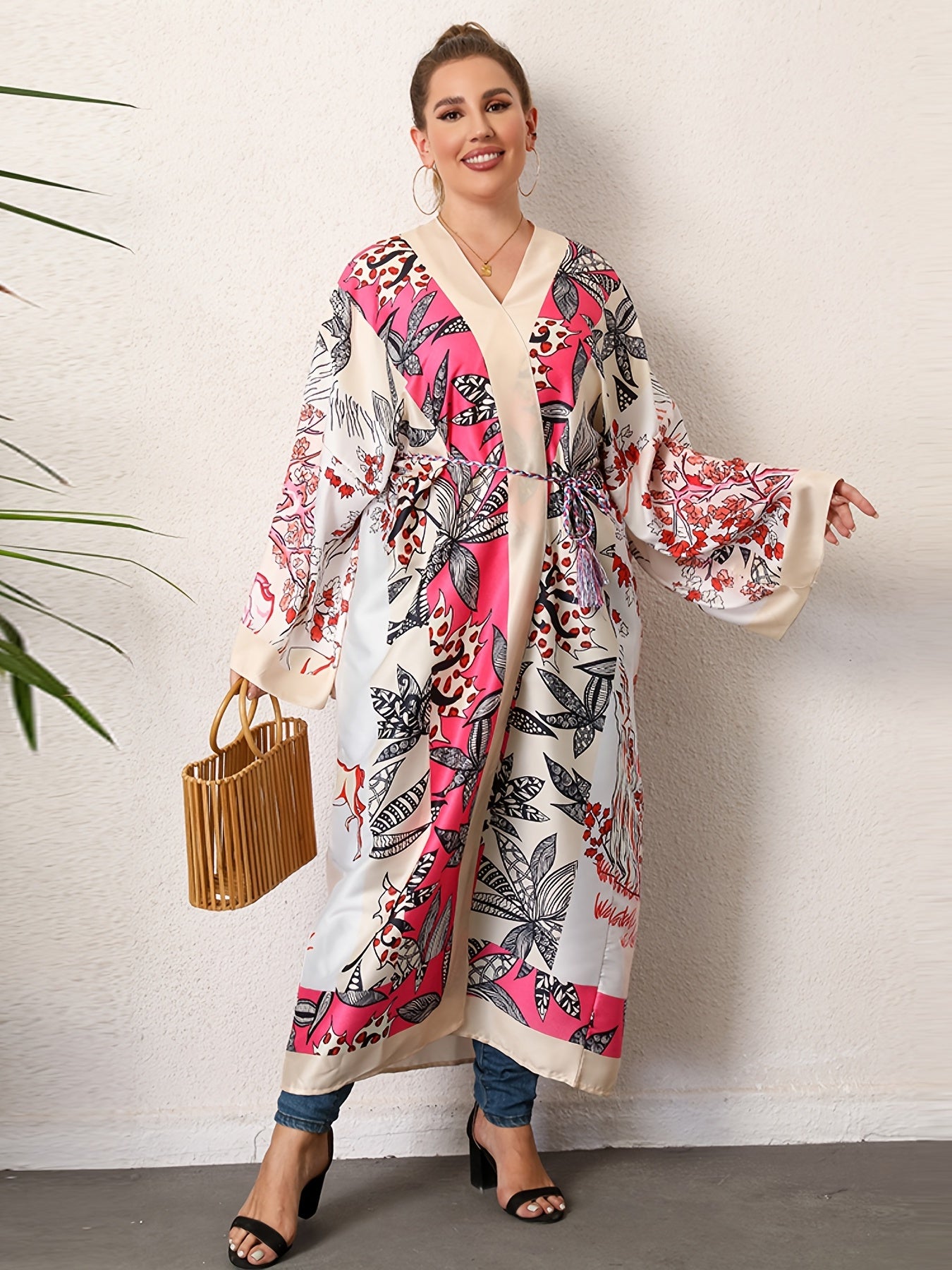  Boho Kimono Women's Plus Painting Print Long Sleeve Open Front