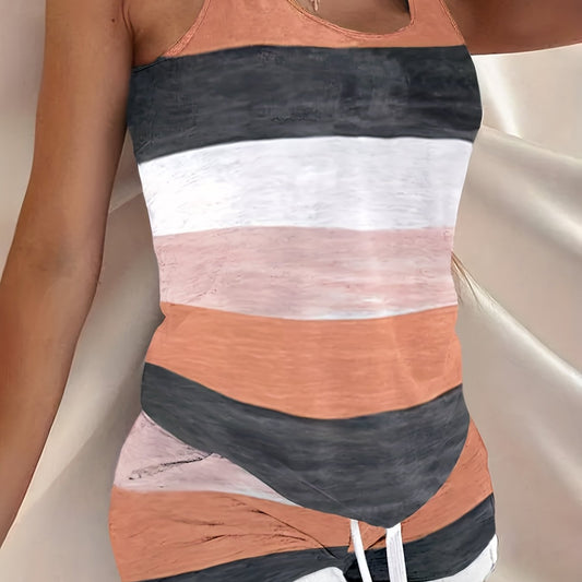 Striped 2pc Set Tank Top & Elastic Waist Shorts Outfit Women's Clothing