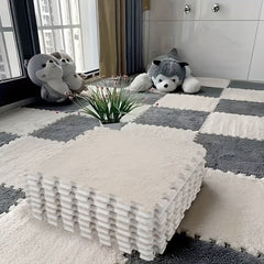 12pcs Plush Interlocking Floor Mat with Border Soft Tiles for Home Playroom