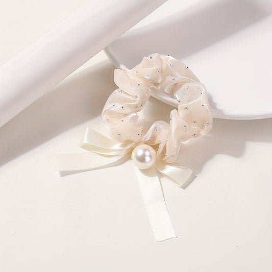 Mesh Scrunchie Faux Pearl Bow Ribbon Hair Rope Elastic Hair Tie