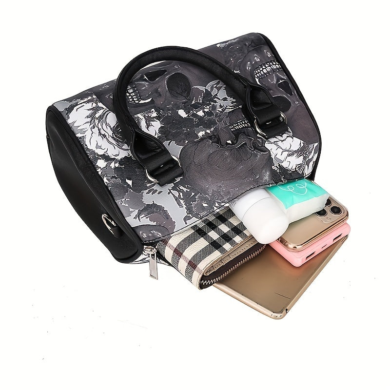 Gothic Skeleton Skull Print Handbags PU Leather Boston Bag