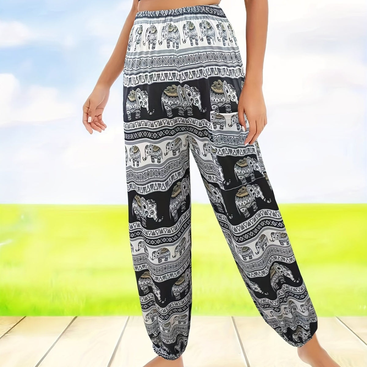 Boho Print High Rise Tapered Leg Pants with Pockets