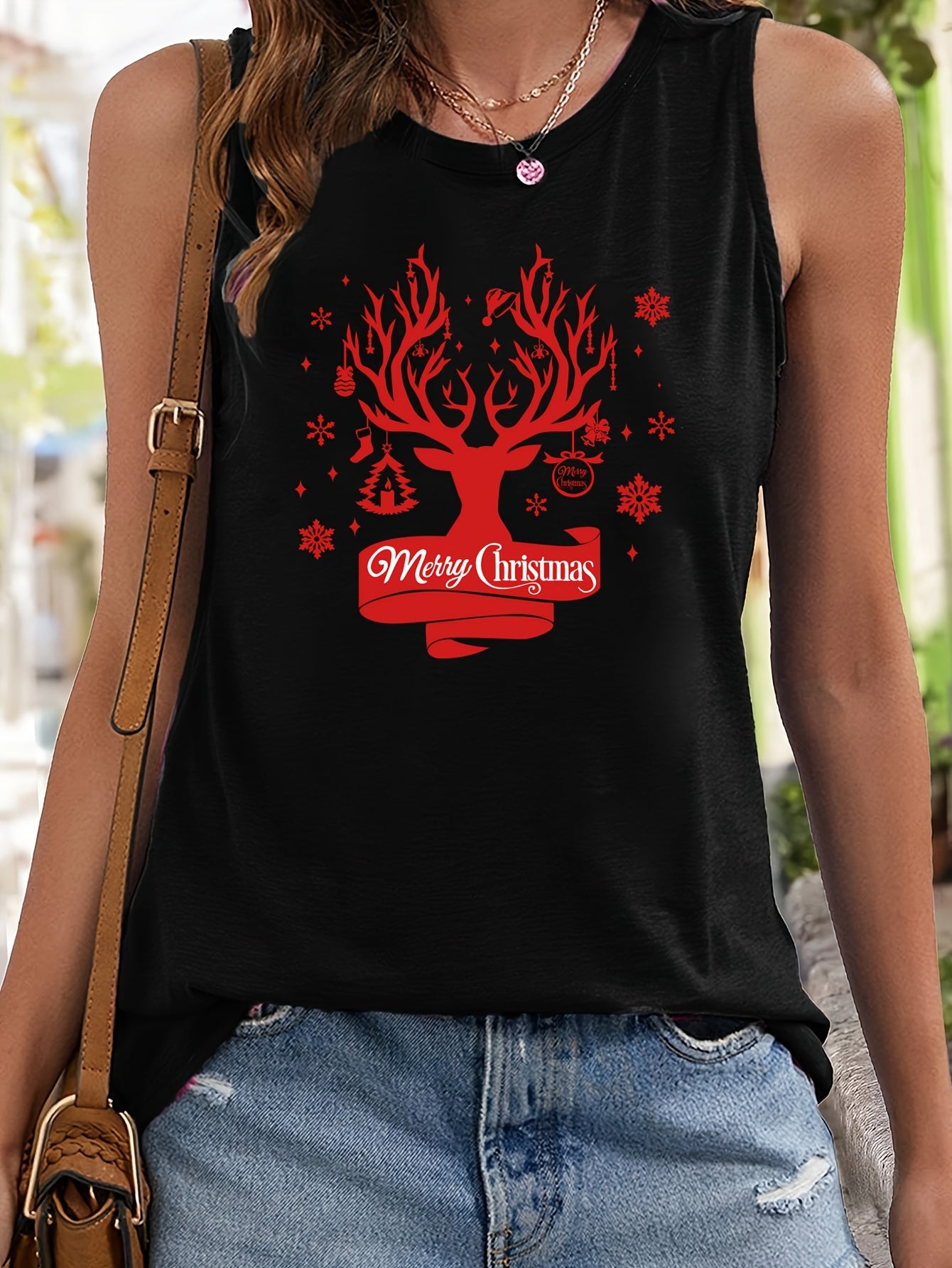 Christmas Tree Print Tank Top Crew Neck Fitted Sleeveless Sports Top