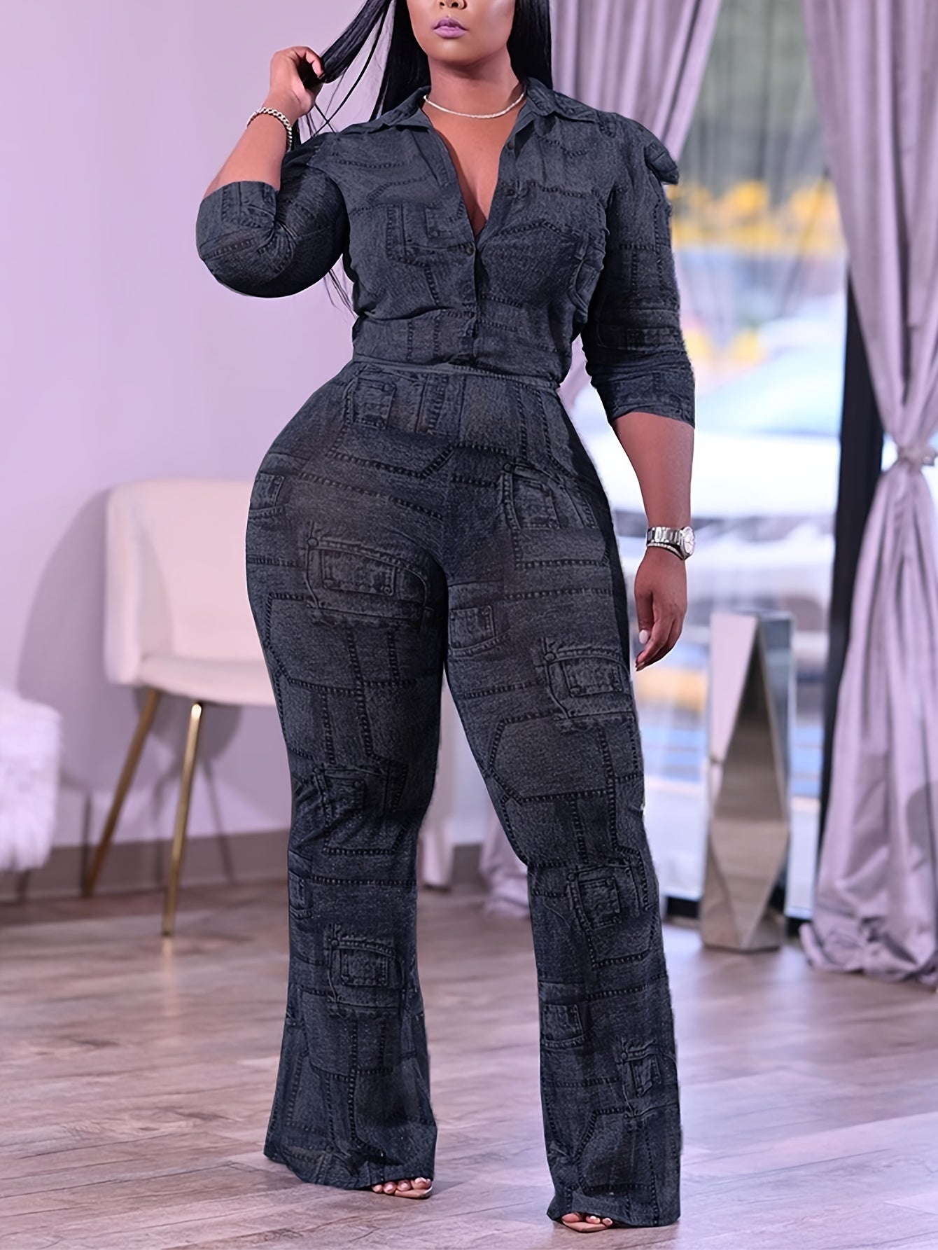  Denim Print Shirt & Pants Outfit Set