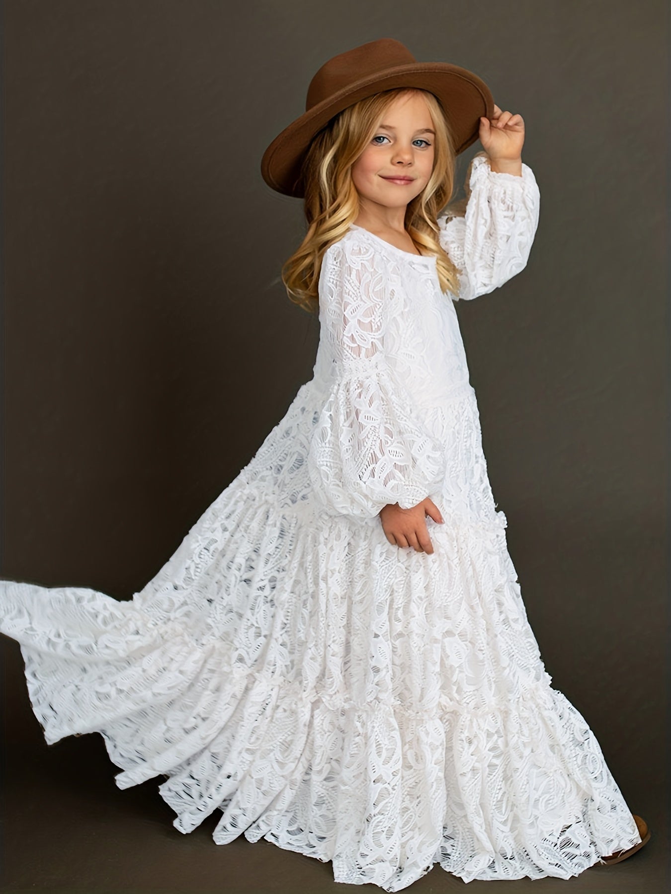 Girls Lace Puff Sleeve Flower Girl Dress Princess Dress