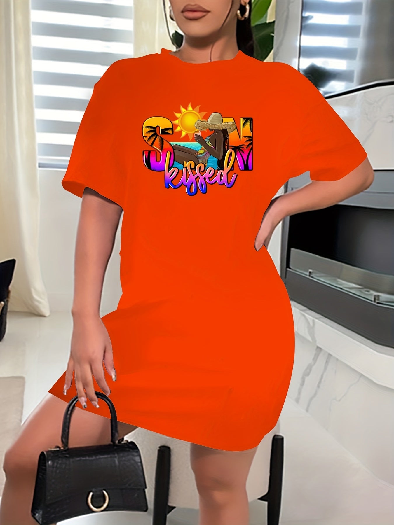  Cartoon Figure Print Short Sleeve Dress