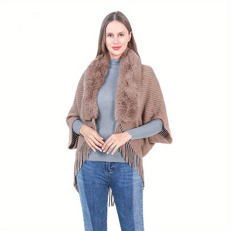 Knitted Shawl Rabbit Fur Collar Tassel Cape Cardigan for Women