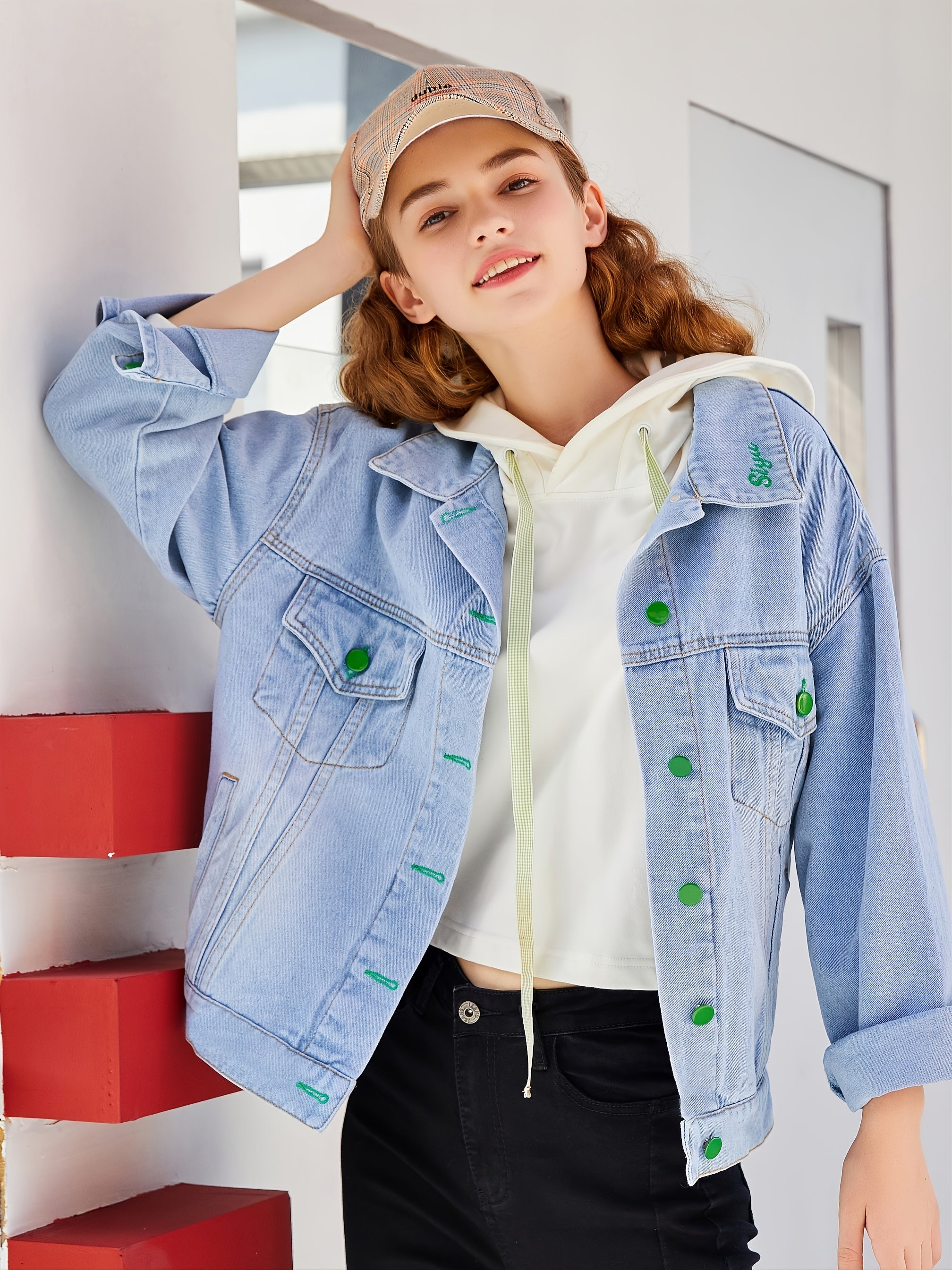 Oversized Green Button Denim Jacket Long Sleeve