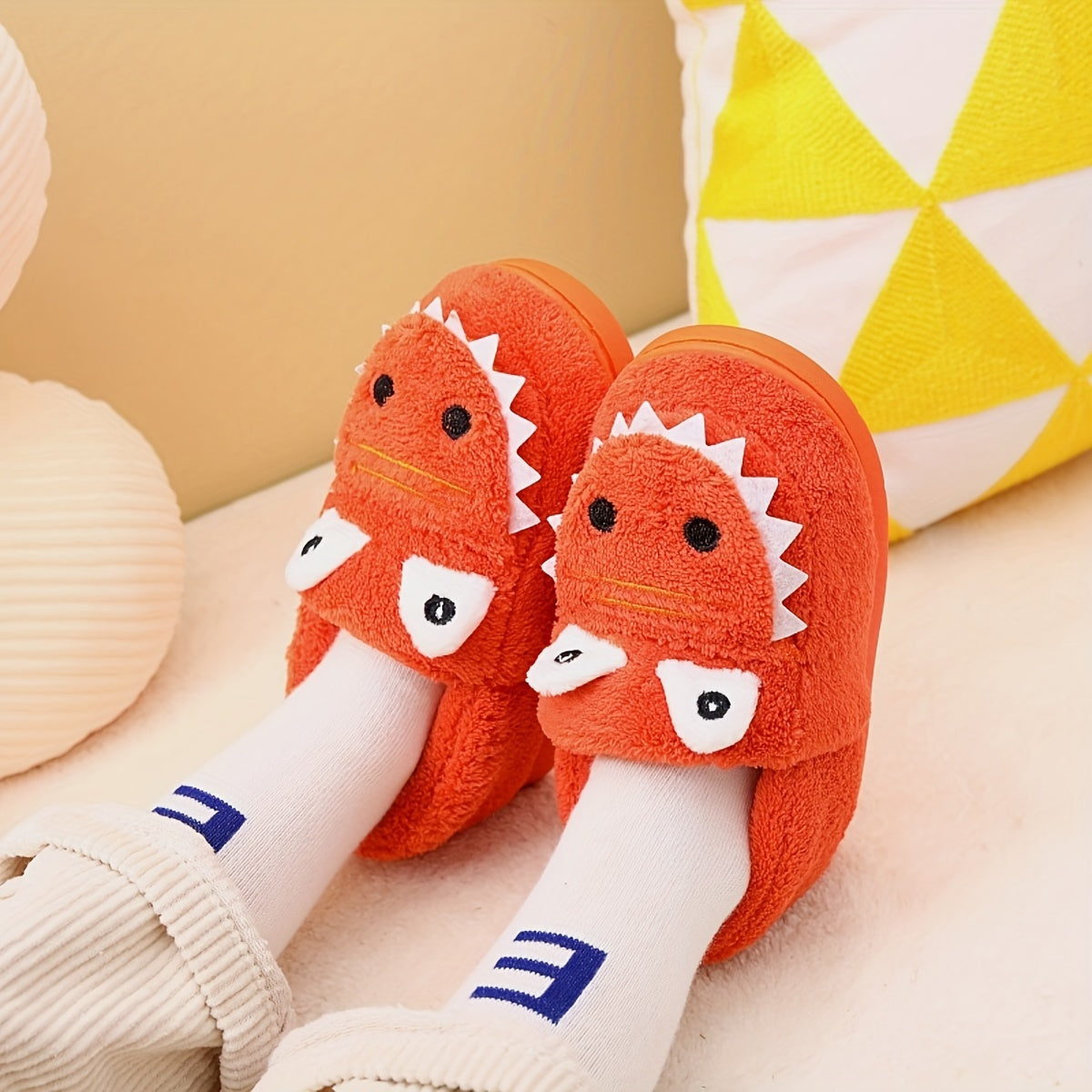 Dino Furry House Shoes for Boys - Non Slip Soft Bottom Shoe