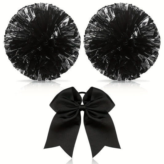 3pcs Cheer Pom Poms & Large Cheer Hair Bow Set - Metallic Accessory