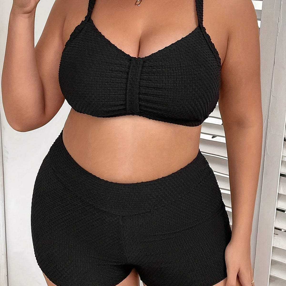  Bikini Set Ruched Padded Bra & High Waisted Shorts Swimsuit